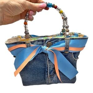 BOOTIE BAG Denim Handmade Handbag Beaded Handle with Ribbon Belt Tie